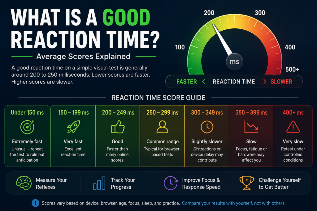 Good reaction time score guide showing average results in milliseconds